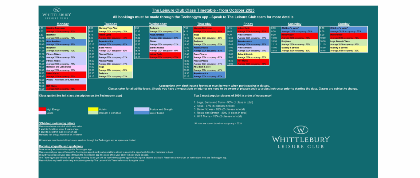 The Leisure Club Classes Timetable August 2025