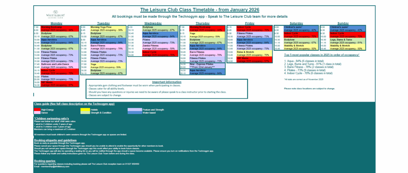The Leisure Club Classes Timetable 2026 Jan