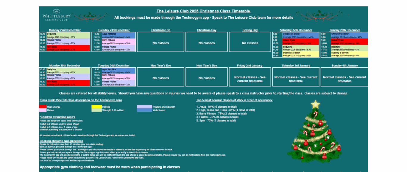 The Leisure Club Classes Timetable christmas 2025