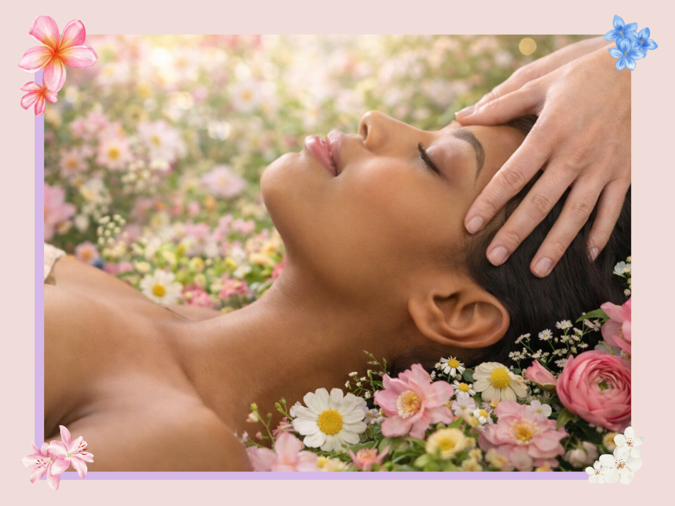 A women receiving a facial treatment while layout of a bed of spring flowers