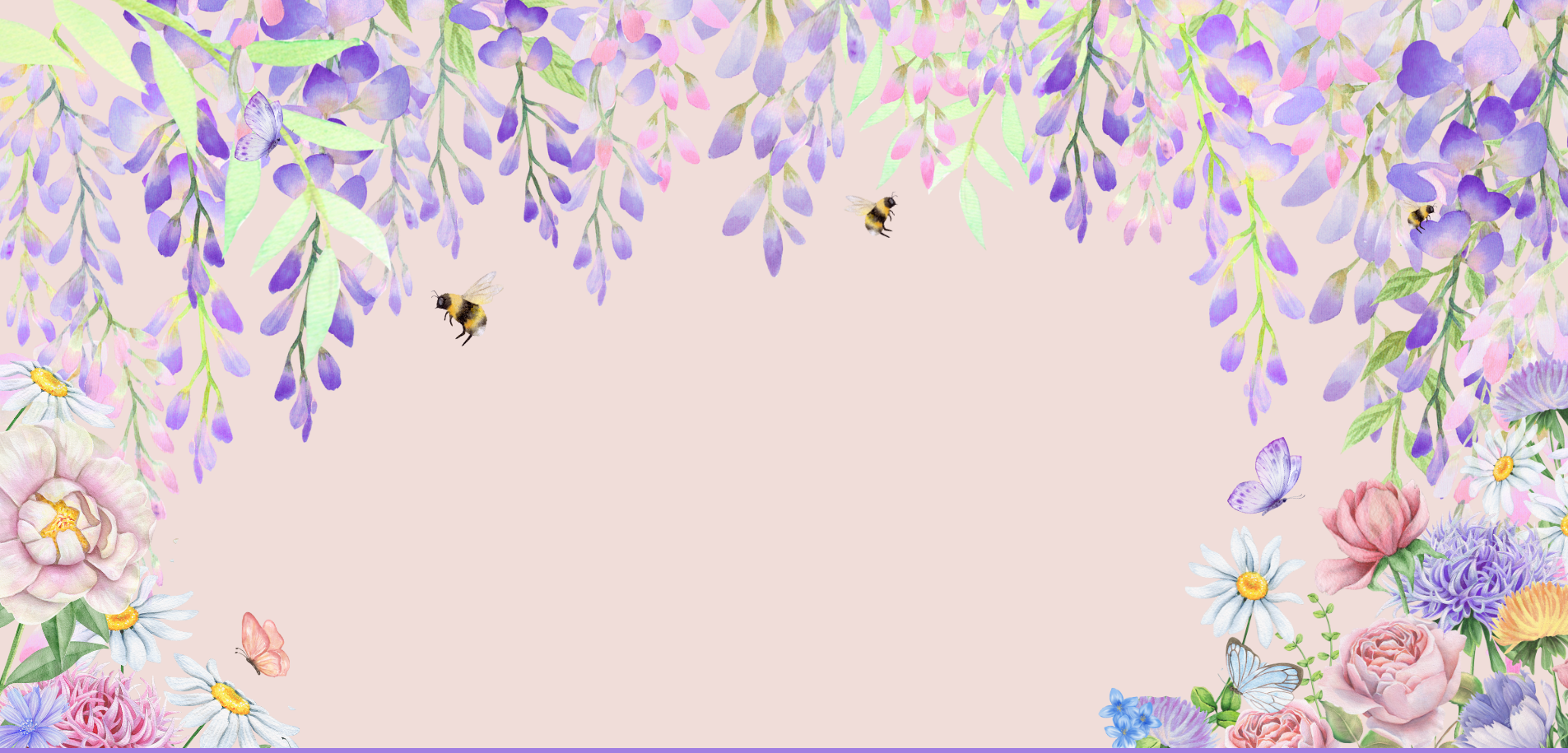 A pink coloured background with hanging lavender from the top, pink and purple spring flowers from the bottom corners, and bees and butterflies getting close to the flowers