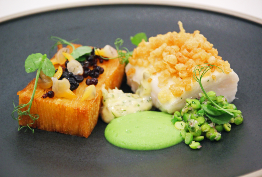 Close up of a fine dining rendition of fishs and chips