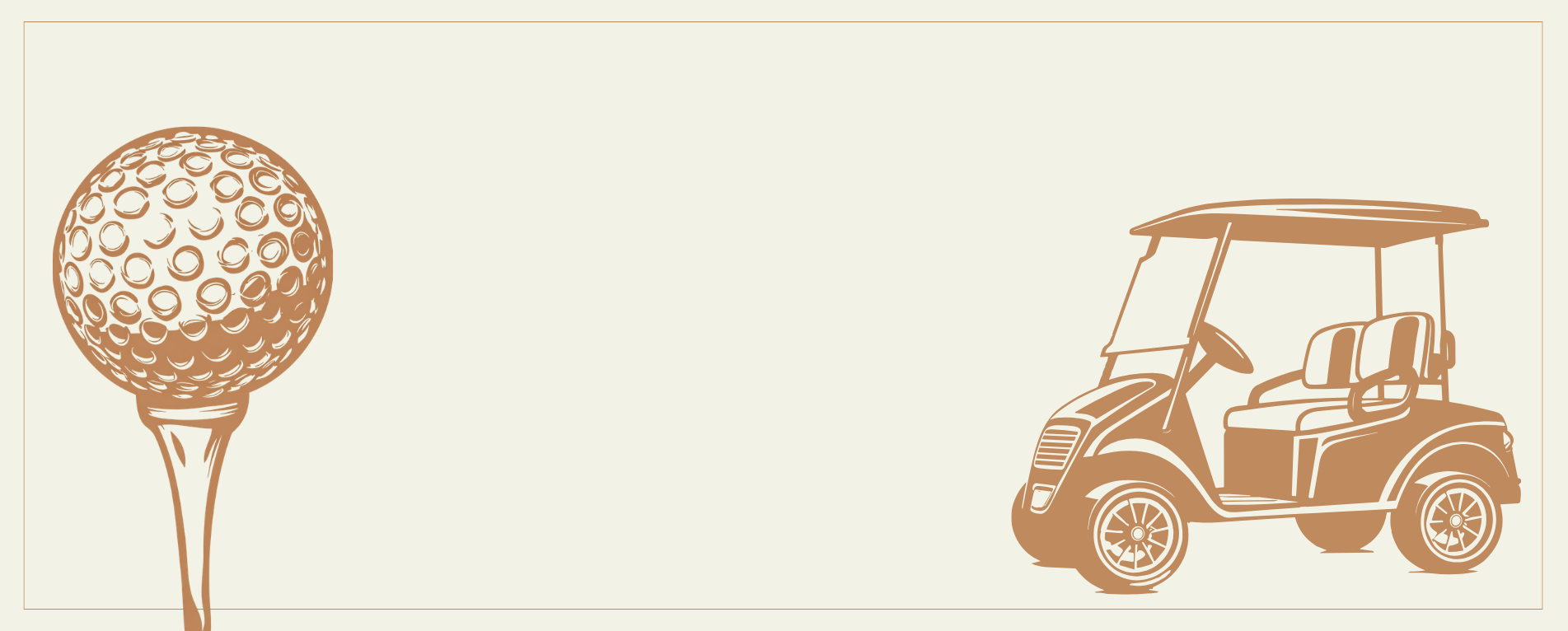 A graphic design of a golf ball on a tee and golf buggy in a gold colour