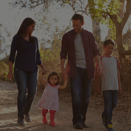 Family walking through a woodlands path