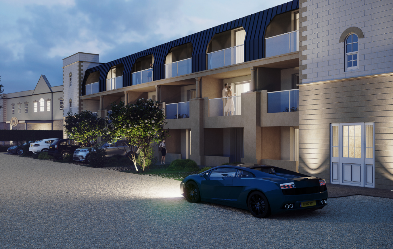 A CGI illustration of the Vacation Club apartment buildings conjoined to Whittlebury Park's golf clubhouse