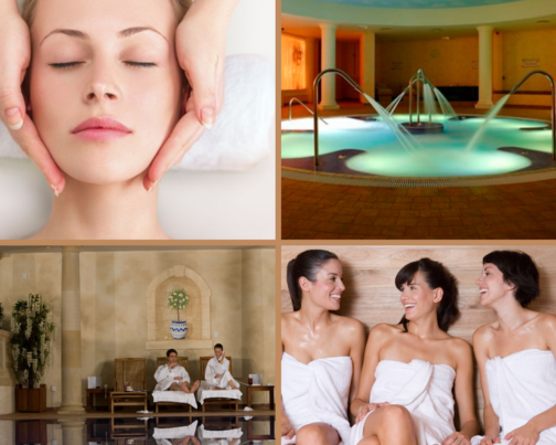 Grid of images show casing a group of friends enjoying a spa day